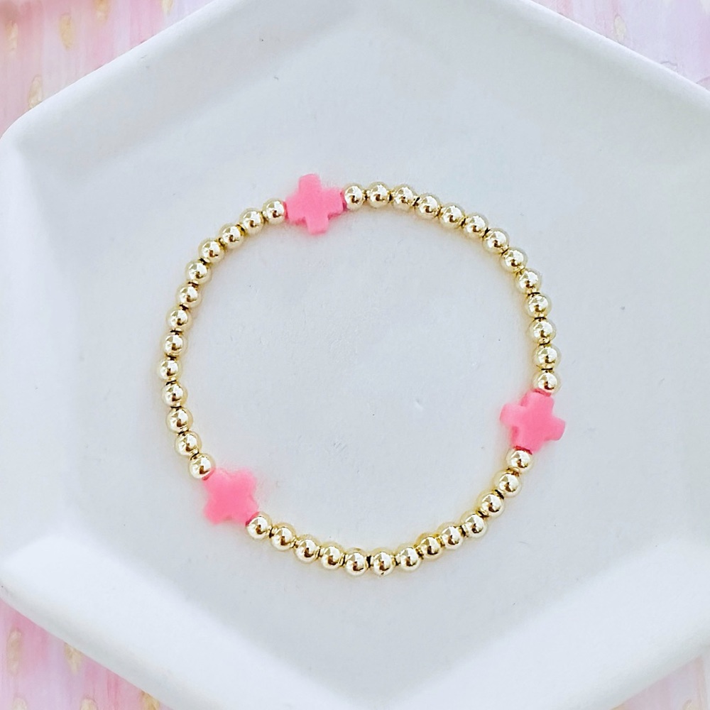 Preppy Pink Cross Faith Gold Beaded Bracelet 💕